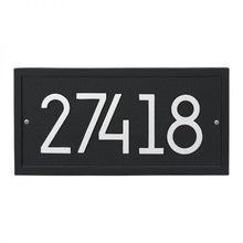 Load image into Gallery viewer, Whitehall rectangle modern plaque with black background and border. Up to five silver modern numbers can be placed on the plaque.
