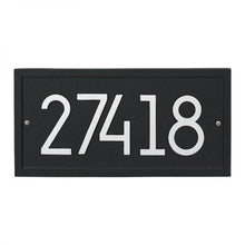 Load image into Gallery viewer, Whitehall rectangle modern plaque with black background and border. Up to five silver modern numbers can be placed on the plaque.