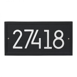 Whitehall rectangle modern plaque with black background and border. Up to five silver modern numbers can be placed on the plaque.