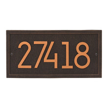 Load image into Gallery viewer, Whitehall rectangle modern plaque with brown background and border. Up to five oil rubbed modern numbers can be placed on the plaque.