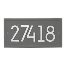 Load image into Gallery viewer, Whitehall rectangle modern plaque with a pewter background and border. Up to five silver modern numbers can be placed on the plaque.