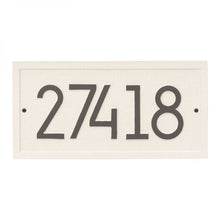 Load image into Gallery viewer, Whitehall rectangle modern plaque with a white stucco background and border. Up to five clay modern numbers can be placed on the plaque.