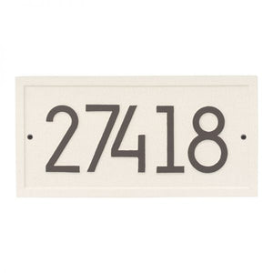 Whitehall rectangle modern plaque with a white stucco background and border. Up to five clay modern numbers can be placed on the plaque.