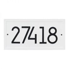 Load image into Gallery viewer, Whitehall rectangle modern plaque with white background and border. Up to five black modern numbers can be placed on the plaque.