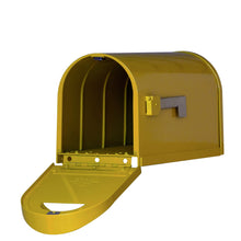 Load image into Gallery viewer, Special lite mid-century yellow dylan mailbox with side flag and open door to view inside and stainless steel hinge

