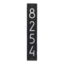 Load image into Gallery viewer, Whitehall Vertical plaque with black background and border. Up to four silver modern numbers can be placed on the plaque.
