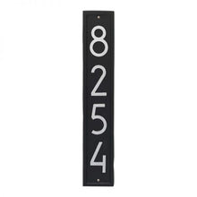 Load image into Gallery viewer, Whitehall Vertical plaque with black background and border. Up to four silver modern numbers can be placed on the plaque.