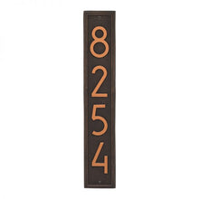 Load image into Gallery viewer, Whitehall Vertical plaque with brown background and border. Up to four oil rubbed modern numbers can be placed on the plaque.
