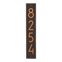 Load image into Gallery viewer, Whitehall Vertical plaque with brown background and border. Up to four oil rubbed modern numbers can be placed on the plaque.