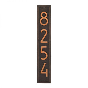 Whitehall Vertical plaque with brown background and border. Up to four oil rubbed modern numbers can be placed on the plaque.
