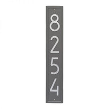 Load image into Gallery viewer, Whitehall Vertical plaque with pewter background and border. Up to four silver modern numbers can be placed on the plaque.