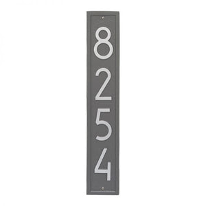 Whitehall Vertical plaque with pewter background and border. Up to four silver modern numbers can be placed on the plaque.