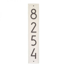 Load image into Gallery viewer, Whitehall Vertical plaque with white background and border. Up to four black modern numbers can be placed on the plaque.
