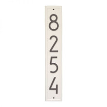 Load image into Gallery viewer, Whitehall Vertical plaque with white background and border. Up to four black modern numbers can be placed on the plaque.