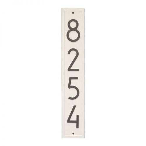 Whitehall Vertical plaque with white background and border. Up to four black modern numbers can be placed on the plaque.
