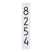 Load image into Gallery viewer, Whitehall Vertical plaque with white background and border. Up to four black modern numbers can be placed on the plaque.
