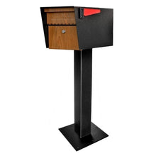 Load image into Gallery viewer, Black powder coated Mail manager mailbox with wood grain door, secure locking door, red flag, and post