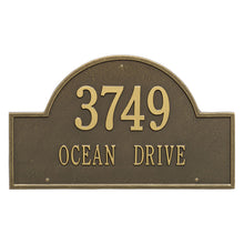 Load image into Gallery viewer, Whitehall Arch Marker two line standard wall mount plaque. The plaque has an arched shape and has gold lettering and a bronze  background
