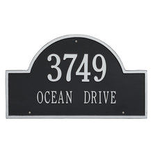 Load image into Gallery viewer, Whitehall Arch Marker two line standard wall mount plaque. The plaque has an arched shape and has silver lettering and a black background

