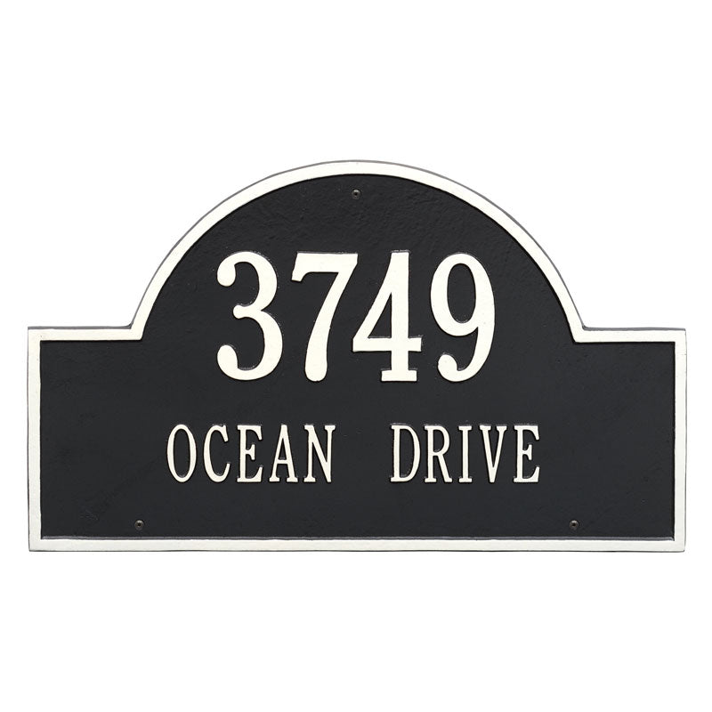 Whitehall Arch Marker two line standard wall mount plaque. The plaque has an arched shape and has white lettering and a black background