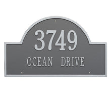 Load image into Gallery viewer, Whitehall Arch Marker two line standard wall mount plaque. The plaque has an arched shape and has silver lettering and a grey background
