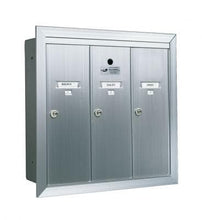 Load image into Gallery viewer, Three vertical door silver anodized aluminum mailbox with name and number id card holders.
