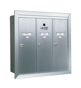 Three vertical door silver anodized aluminum mailbox with name and number id card holders.