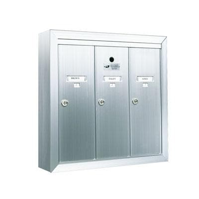 Three vertical door silver anodized aluminum mailbox with name and number id card holders. 