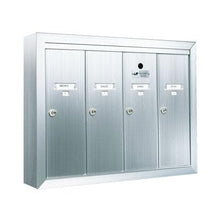 Load image into Gallery viewer, Four vertical door silver anodized aluminum mailbox with name and number id card holders.
