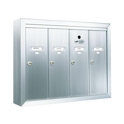 Four vertical door silver anodized aluminum mailbox with name and number id card holders.