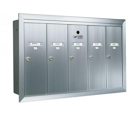 A five vertical door, recessed mount silver multi unit mailbox