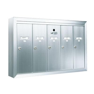 Three vertical door silver anodized aluminum mailbox with name and number id card holders.