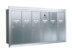 A six vertical door, multi unit mailbox with locks. 