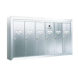 Six vertical door silver anodized aluminum mailbox with name and number id card holders.