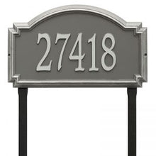 Load image into Gallery viewer, Whitehall williamsburg address plaque with pewter background and silver numbers. This includes stakes for an in ground mount
