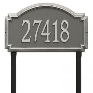 Whitehall williamsburg address plaque with pewter background and silver numbers. This includes stakes for an in ground mount