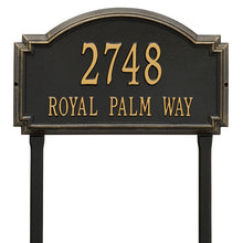 Load image into Gallery viewer, Whitehall williamsburg address plaque with black background and gold numbers and letters. This includes stakes for an in ground mount
