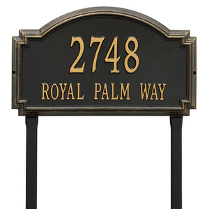 Whitehall williamsburg address plaque with black background and gold numbers and letters. This includes stakes for an in ground mount