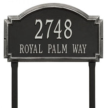 Load image into Gallery viewer, Whitehall williamsburg address plaque with black background and silver numbers and letters. This includes stakes for an in ground mount
