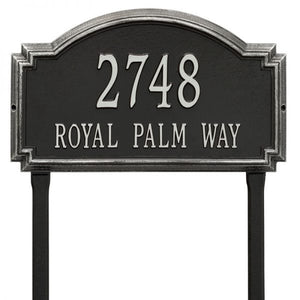 Whitehall williamsburg address plaque with black background and silver numbers and letters. This includes stakes for an in ground mount