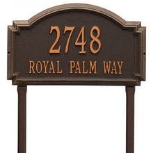 Load image into Gallery viewer, Whitehall williamsburg address plaque with bronze background and oil rubbed numbers and letters. This includes stakes for an in ground mount
