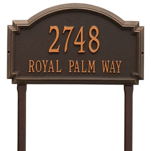 Whitehall williamsburg address plaque with bronze background and oil rubbed numbers and letters. This includes stakes for an in ground mount