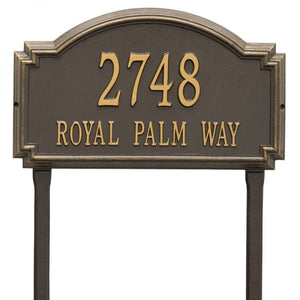 Whitehall williamsburg address plaque with bronze background and gold numbers and letters. This includes stakes for an in ground mount