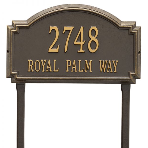 Whitehall williamsburg address plaque with bronze background and gold numbers and letters. This includes stakes for an in ground mount