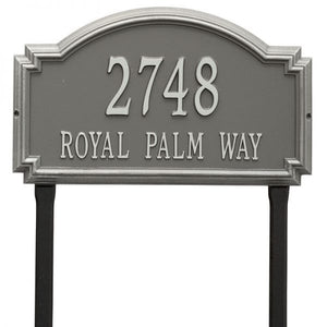 Whitehall williamsburg address plaque with pewter background and silver numbers and letters. This includes stakes for an in ground mount