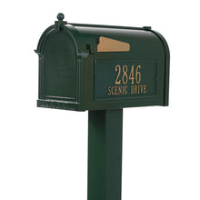 Load image into Gallery viewer, Whitehall green cast aluminum mailbox with custom address plaque on the side in gold letters and gold flag
