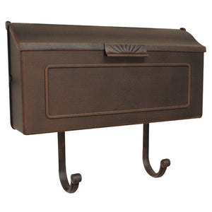 Copper horizontal mailbox with geometric pattern on front and optional newspaper scroll