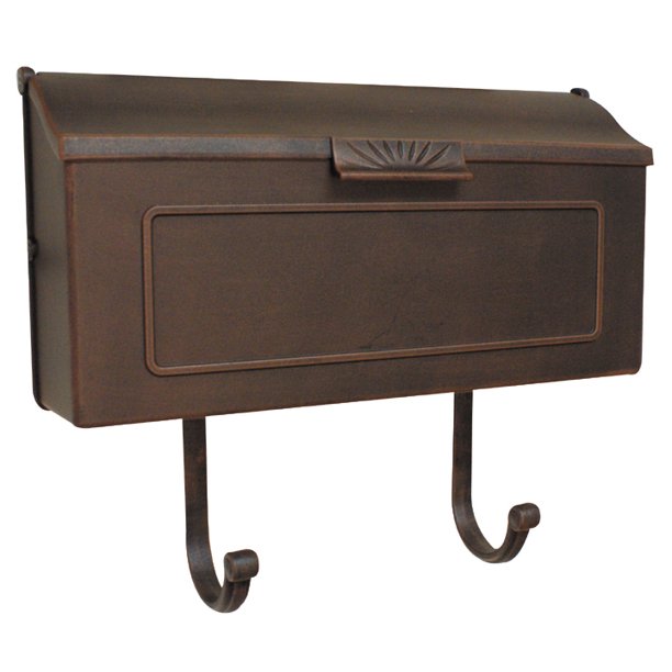 Copper horizontal mailbox with geometric pattern on front and optional newspaper scroll