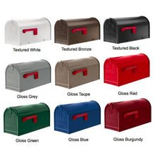 Load image into Gallery viewer, Janzer mailboxes with  9 different colors. These include white, bronze, black, grey, taupe, red, green, blue, and burgundy. 
