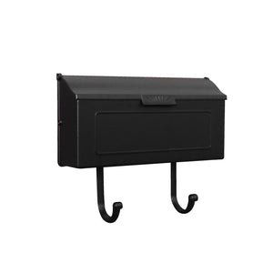 Black horizontal mailbox with geometric pattern on front and optional newspaper scroll